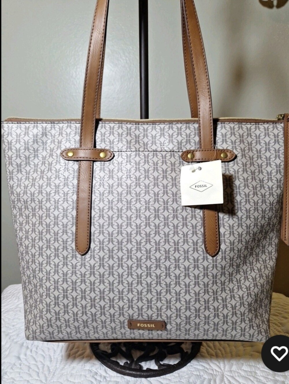 Fossil Gray Patterned Tote with Tan Leather Trim - Picture 1 of 5